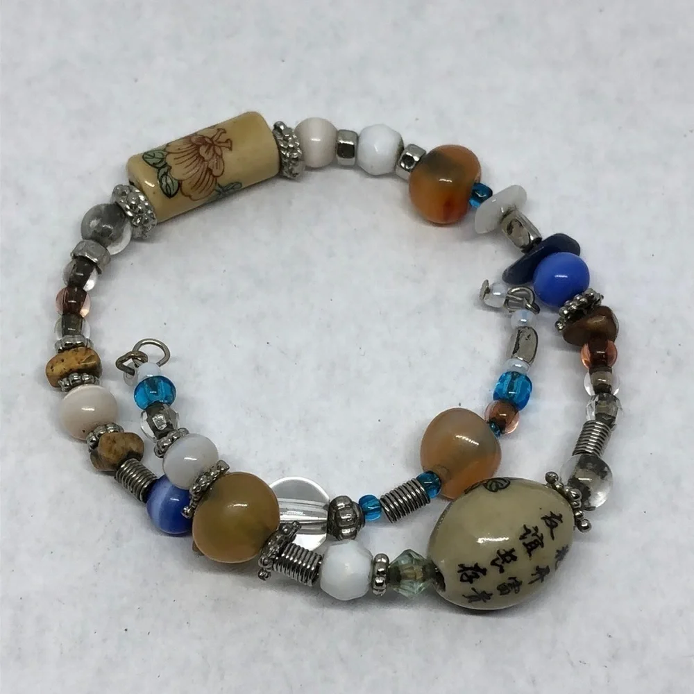 ARTISAN handmade Asian ceramic beads memory coil bracelet boho layering